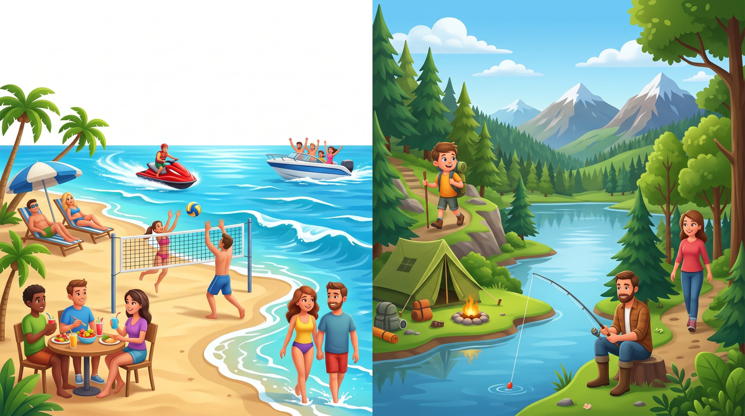 Beach and mountain vacation scenes