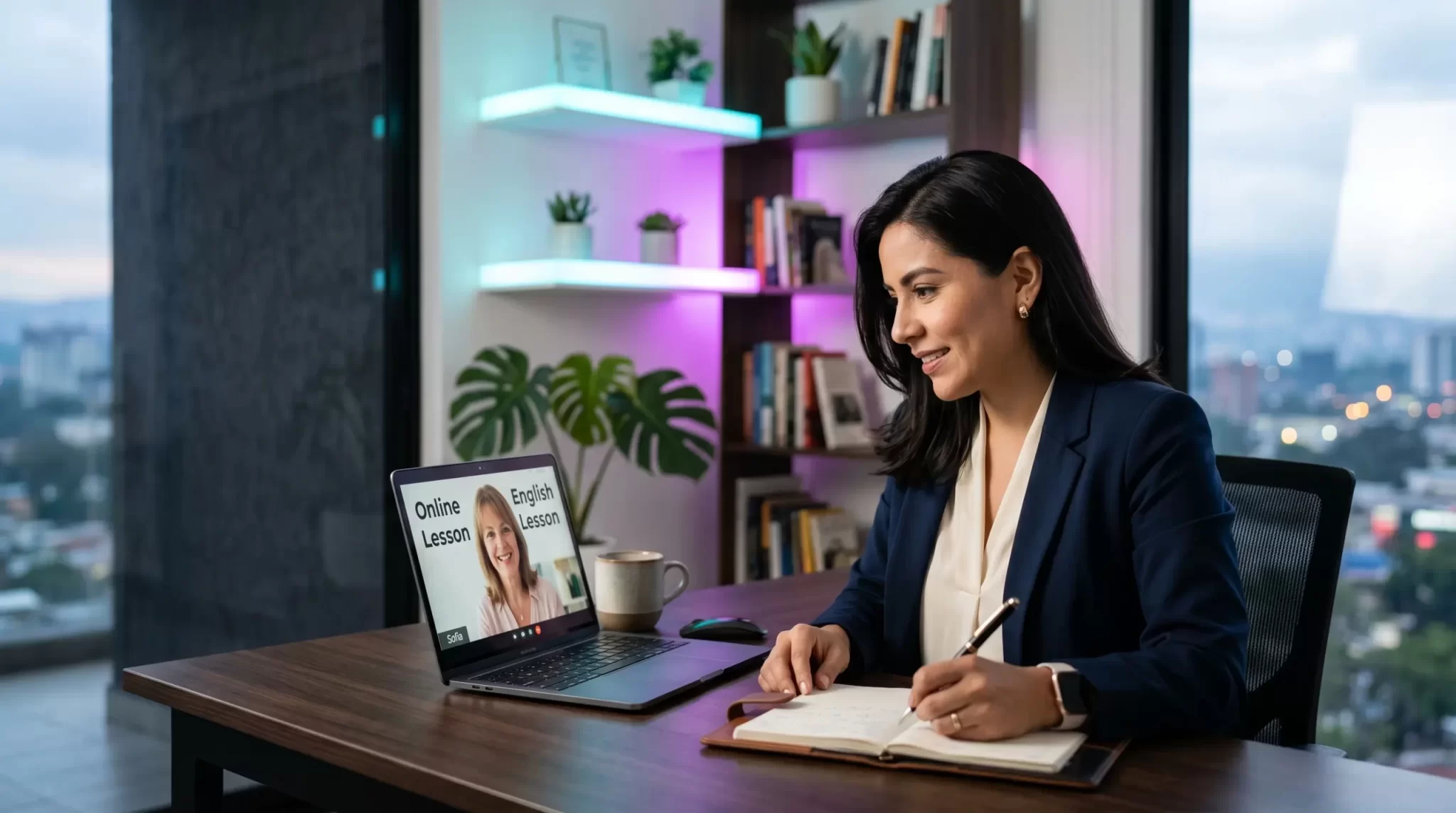 Profesional guatemalteco recibiendo clase privada de inglés online con profesor nativo - Academia Connecting Us Zona 9 - sesiones personalizadas para ejecutivos, viajes y metas específicas