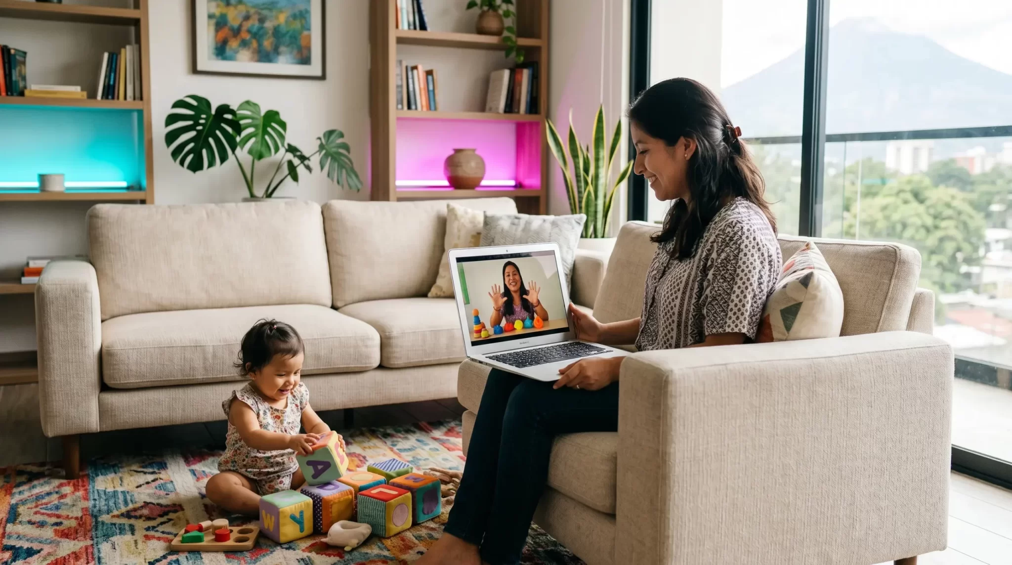 Madre guatemalteca siguiendo clase de estimulación temprana online con bebé en casa - Academia Connecting Us Zona 9
